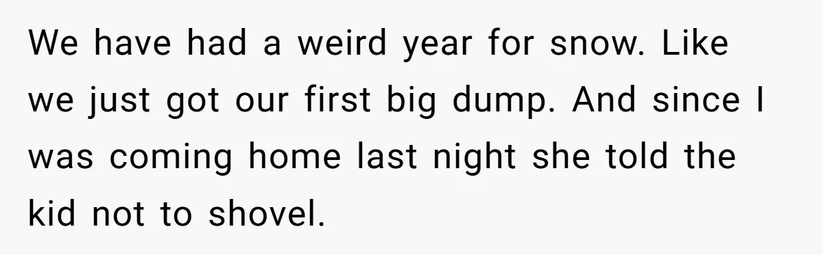 We have had a weird year for snow. Like we just got our first big dump. And since I was coming home last night she told the kid not to...