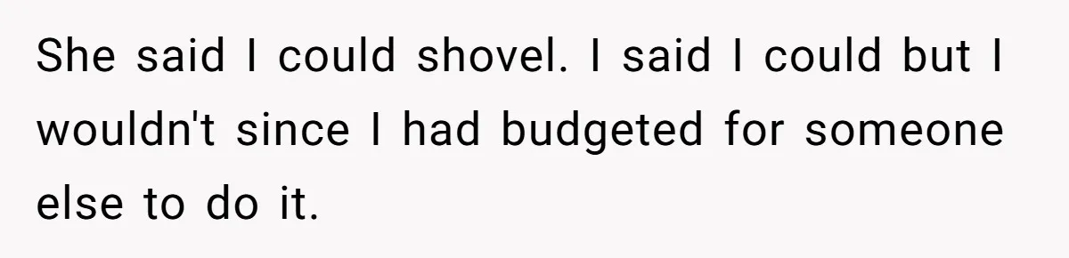 She said I could shovel. I said I could but I wouldn't since I had budgeted for someone else to do it.