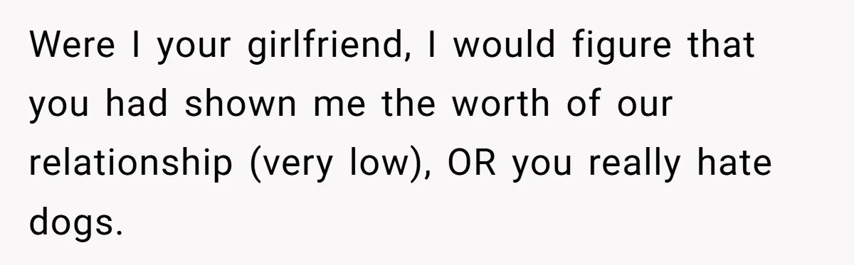 Were I your girlfriend, I would figure that you had shown me the worth of our relationship (very low), OR you really hate dogs.