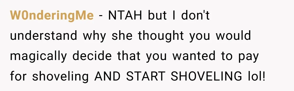 W0nderingMe − NTAH but I don't understand why she thought you would magically decide that you wanted to pay for shoveling AND START SHOVELING lol!