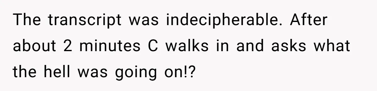 The transcript was indecipherable. After about 2 minutes C walks in and asks what the hell was going on!?
