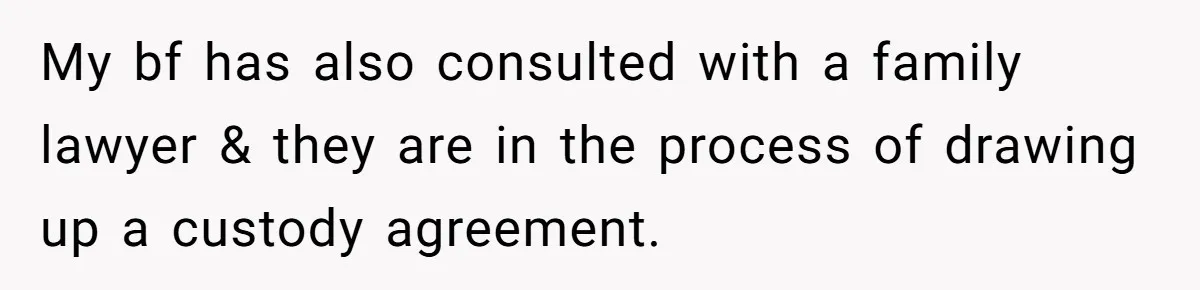 My bf has also consulted with a family lawyer & they are in the process of drawing up a custody agreement.