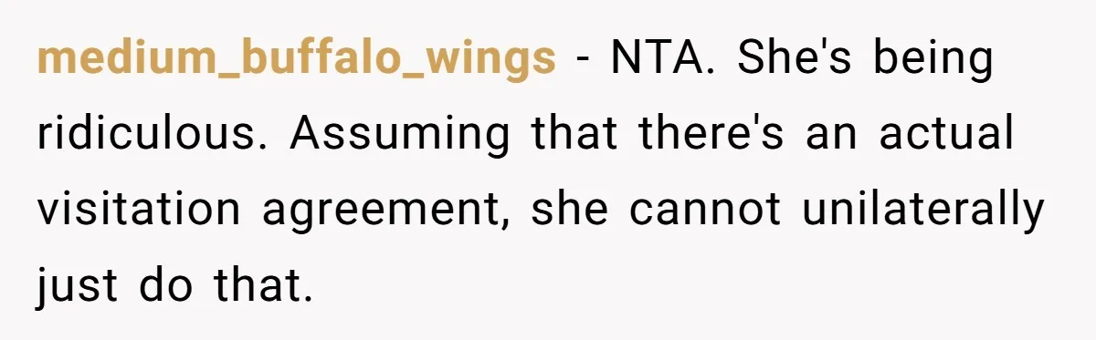 medium_buffalo_wings − NTA. She's being ridiculous. Assuming that there's an actual visitation agreement, she cannot unilaterally just do that.
