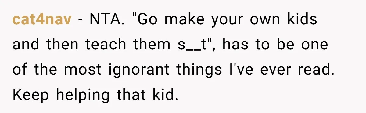 cat4nav − NTA. "Go make your own kids and then teach them s__t", has to be one of the most ignorant things I've ever read. Keep helping that kid.