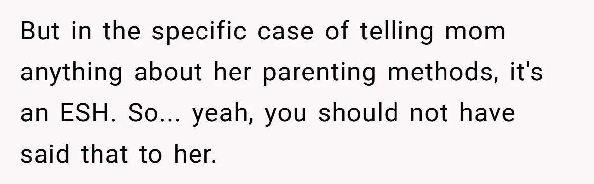But in the specific case of telling mom anything about her parenting methods, it's an ESH. So... yeah, you should not have said that to her.