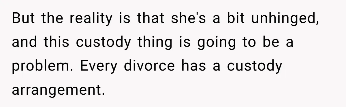 But the reality is that she's a bit unhinged, and this custody thing is going to be a problem. Every divorce has a custody arrangement.