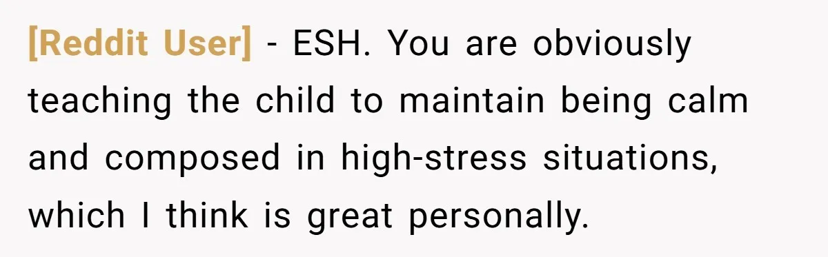 [Reddit User] − ESH. You are obviously teaching the child to maintain being calm and composed in high-stress situations, which I think is great personally.