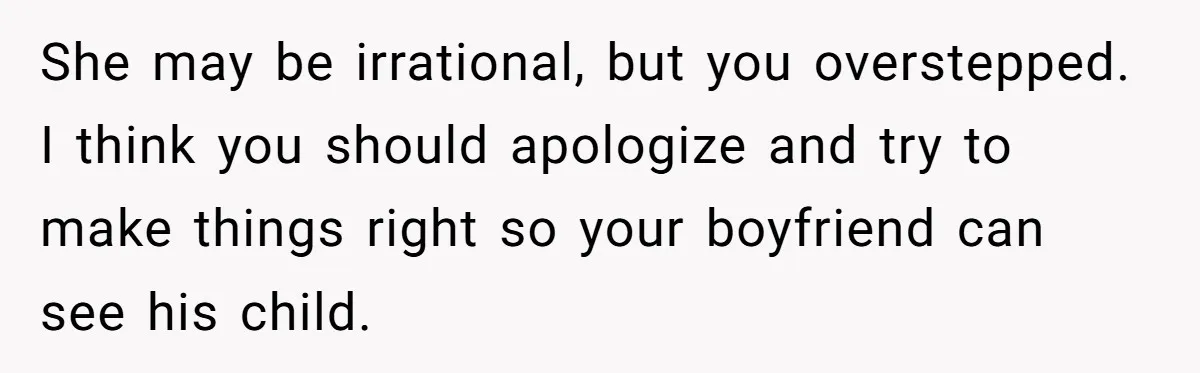 She may be irrational, but you overstepped. I think you should apologize and try to make things right so your boyfriend can see his child.