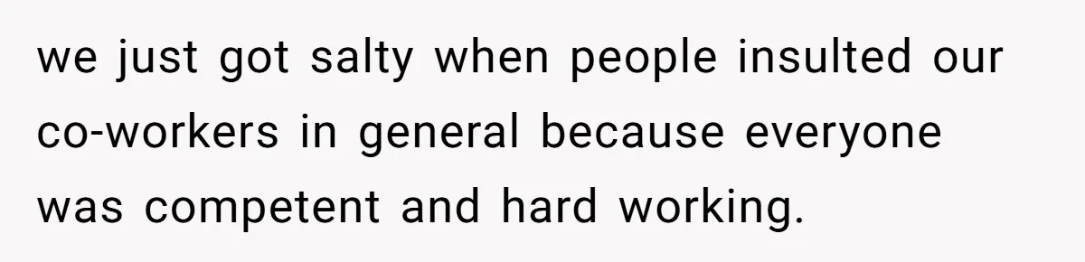 we just got salty when people insulted our co-workers in general because everyone was competent and hard working.
