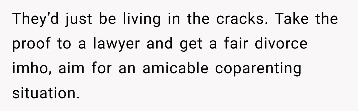 They’d just be living in the cracks. Take the proof to a lawyer and get a fair divorce imho, aim for an amicable coparenting situation.