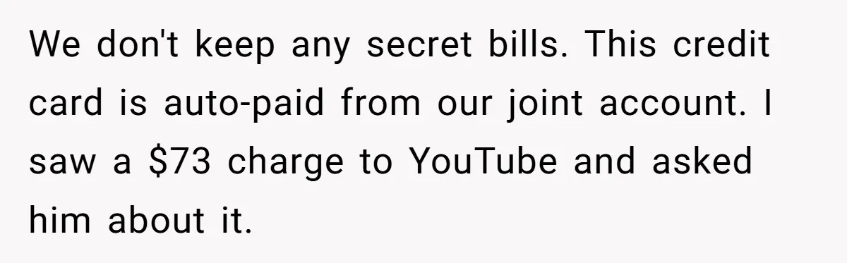 We don't keep any secret bills. This credit card is auto-paid from our joint account. I saw a $73 charge to YouTube and asked him about it.