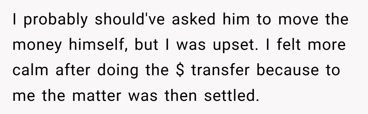 I probably should've asked him to move the money himself, but I was upset. I felt more calm after doing the $ transfer because to me the matter was then...
