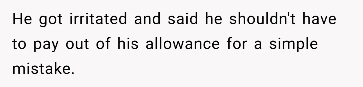 He got irritated and said he shouldn't have to pay out of his allowance for a simple mistake.