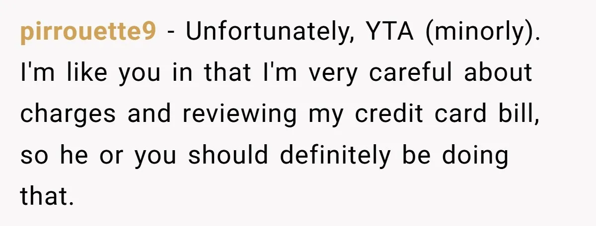 pirrouette9 − Unfortunately, YTA (minorly). I'm like you in that I'm very careful about charges and reviewing my credit card bill, so he or you should definitely be doing that.