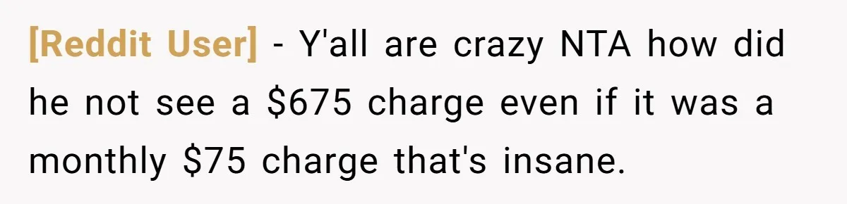 [Reddit User] − Y'all are crazy NTA how did he not see a $675 charge even if it was a monthly $75 charge that's insane.