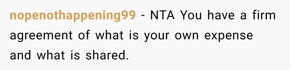 nopenothappening99 − NTA You have a firm agreement of what is your own expense and what is shared.
