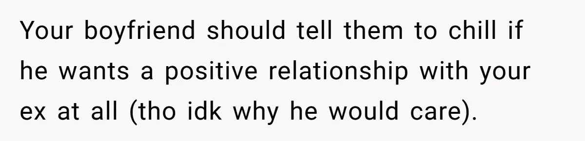 Your boyfriend should tell them to chill if he wants a positive relationship with your ex at all (tho idk why he would care).