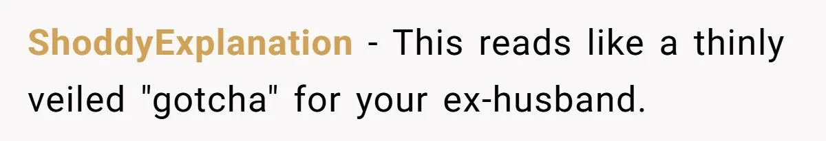 ShoddyExplanation − This reads like a thinly veiled "gotcha" for your ex-husband.