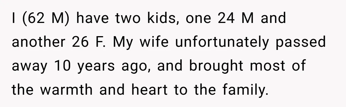 I (62 M) have two kids, one 24 M and another 26 F. My wife unfortunately passed away 10 years ago, and brought most of the warmth and heart to...
