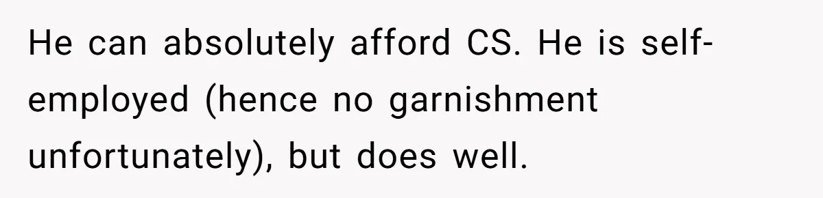 He can absolutely afford CS. He is self-employed (hence no garnishment unfortunately), but does well.