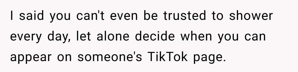 I said you can't even be trusted to shower every day, let alone decide when you can appear on someone's TikTok page.