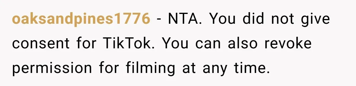 oaksandpines1776 − NTA. You did not give consent for TikTok. You can also revoke permission for filming at any time.