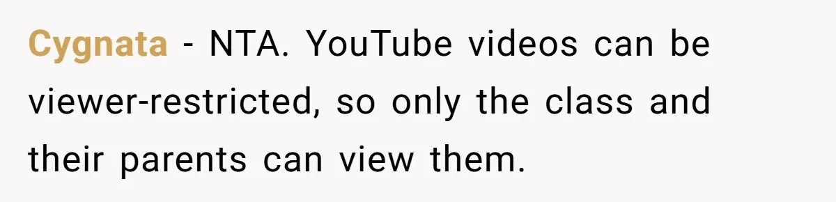 Cygnata − NTA. YouTube videos can be viewer-restricted, so only the class and their parents can view them.