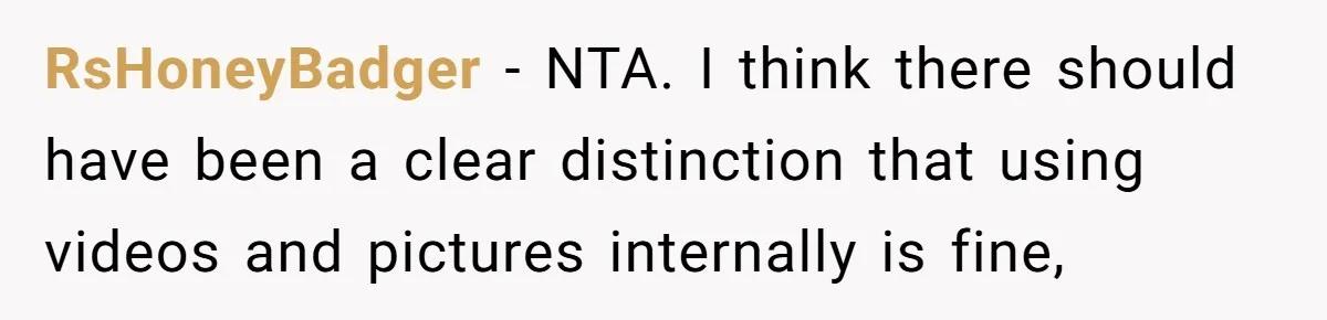 RsHoneyBadger − NTA. I think there should have been a clear distinction that using videos and pictures internally is fine,