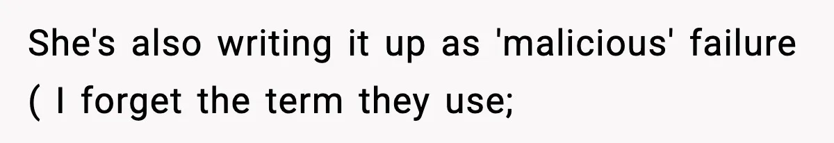 She's also writing it up as 'malicious' failure ( I forget the term they use;