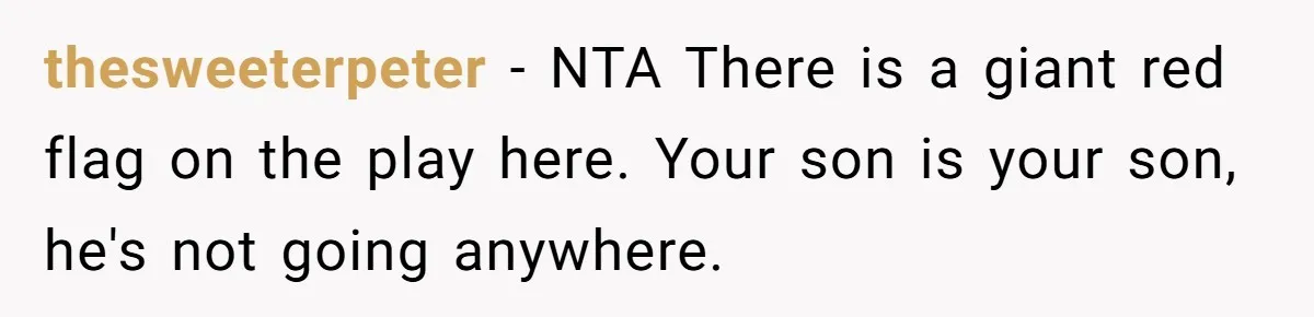 thesweeterpeter − NTA There is a giant red flag on the play here. Your son is your son, he's not going anywhere.