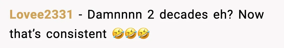 Lovee2331 − Damnnnn 2 decades eh? Now that’s consistent 🤣🤣🤣