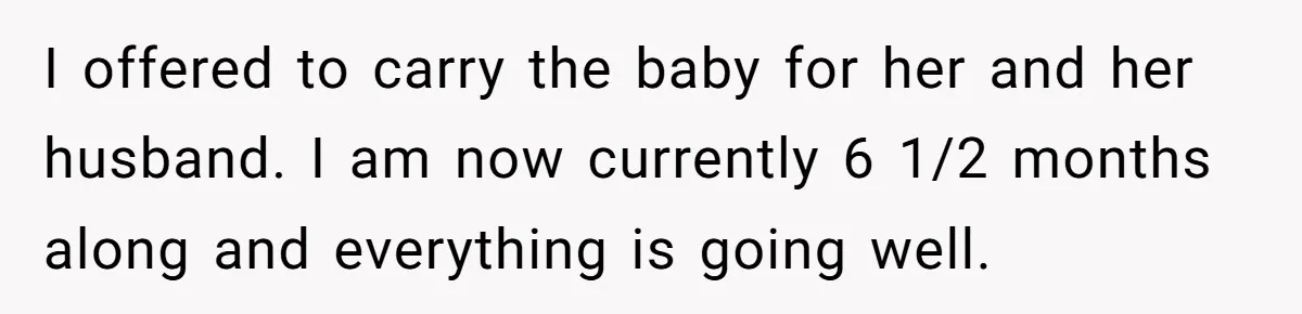 I offered to carry the baby for her and her husband. I am now currently 6 1/2 months along and everything is going well.