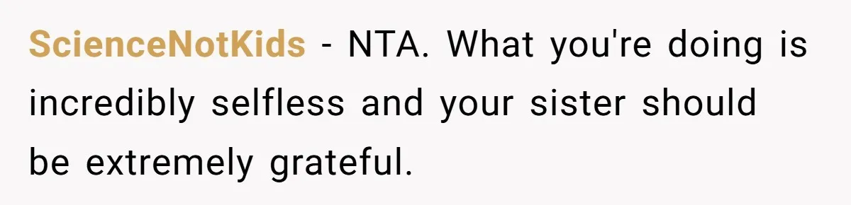 ScienceNotKids − NTA. What you're doing is incredibly selfless and your sister should be extremely grateful.