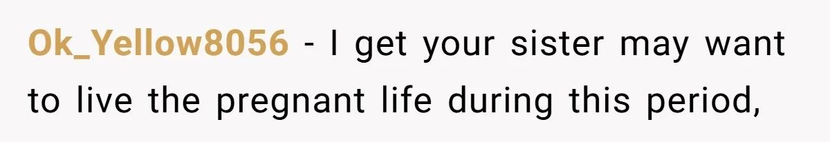 Ok_Yellow8056 − I get your sister may want to live the pregnant life during this period,