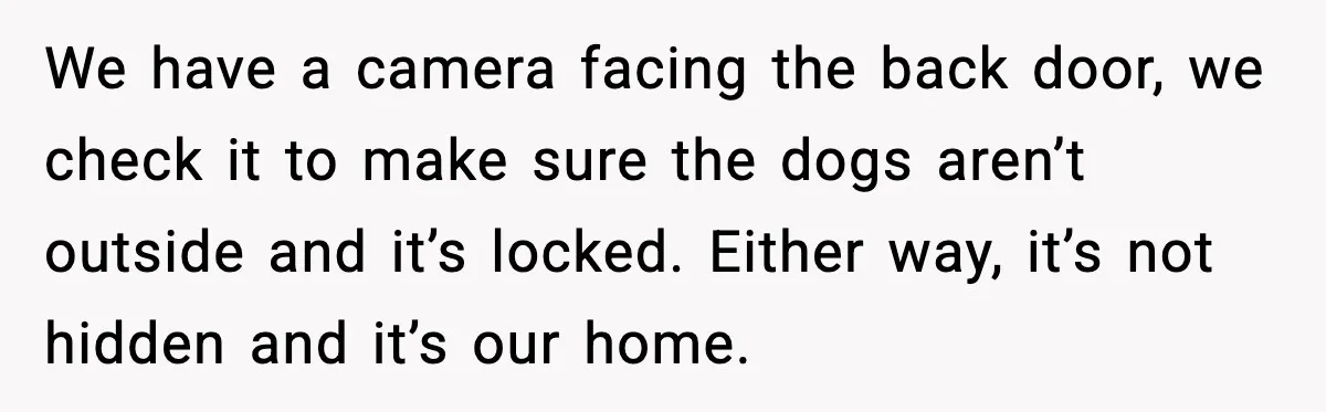 We have a camera facing the back door, we check it to make sure the dogs aren’t outside and it’s locked. Either way, it’s not hidden and it’s our home.