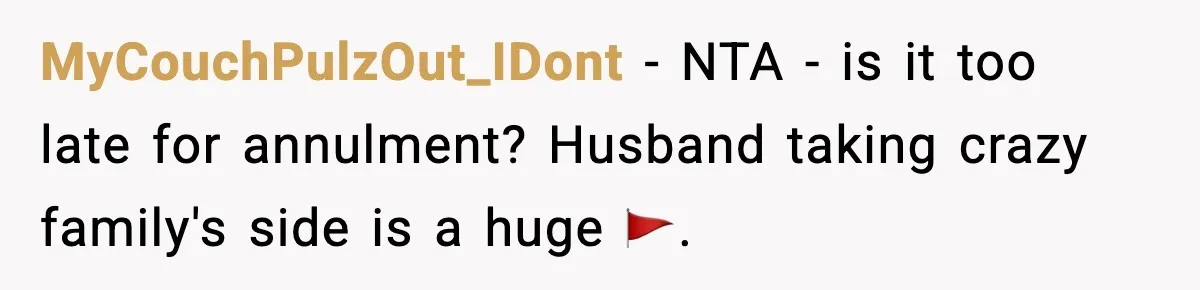 MyCouchPulzOut_IDont - NTA - is it too late for annulment? Husband taking crazy family's side is a huge 🚩.