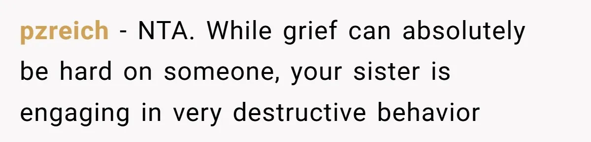 pzreich − NTA. While grief can absolutely be hard on someone, your sister is engaging in very destructive behavior