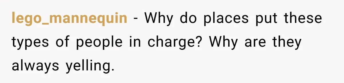 lego_mannequin − Why do places put these types of people in charge? Why are they always yelling.