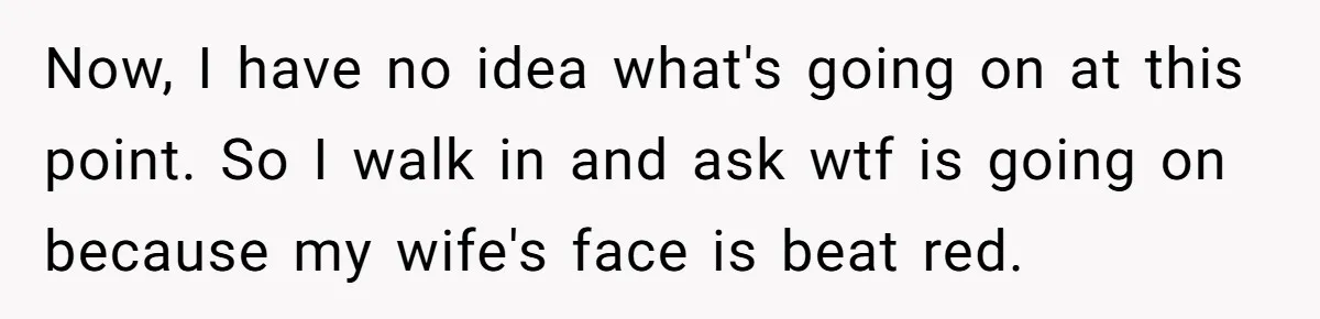 Now, I have no idea what's going on at this point. So I walk in and ask wtf is going on because my wife's face is beat red.