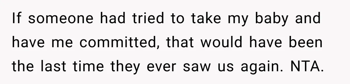If someone had tried to take my baby and have me committed, that would have been the last time they ever saw us again. NTA.
