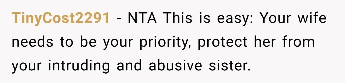 TinyCost2291 − NTA This is easy: Your wife needs to be your priority, protect her from your intruding and abusive sister.