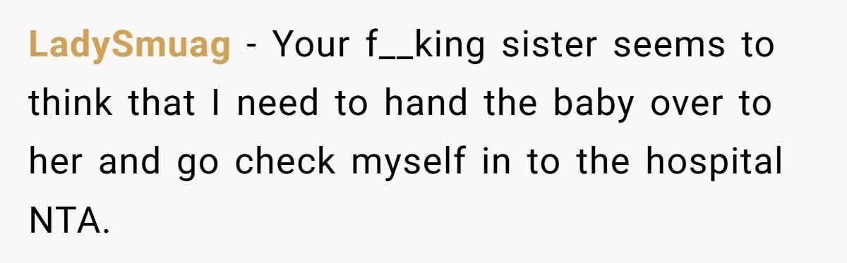 LadySmuag − Your f__king sister seems to think that I need to hand the baby over to her and go check myself in to the hospital NTA.