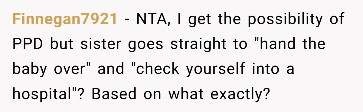 Finnegan7921 − NTA, I get the possibility of PPD but sister goes straight to "hand the baby over" and "check yourself into a hospital"? Based on what exactly?