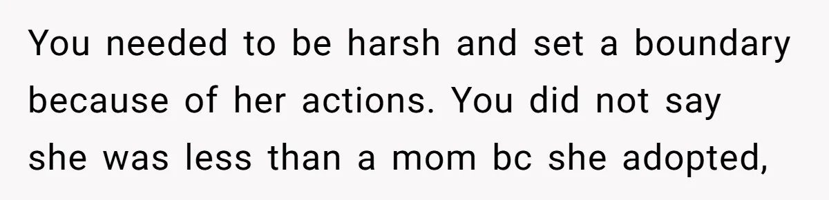 You needed to be harsh and set a boundary because of her actions. You did not say she was less than a mom bc she adopted,