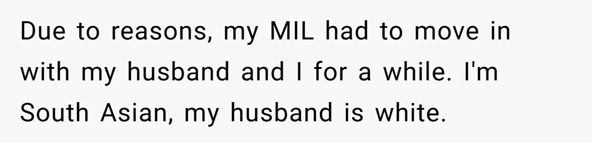 Due to reasons, my MIL had to move in with my husband and I for a while. I'm South Asian, my husband is white.