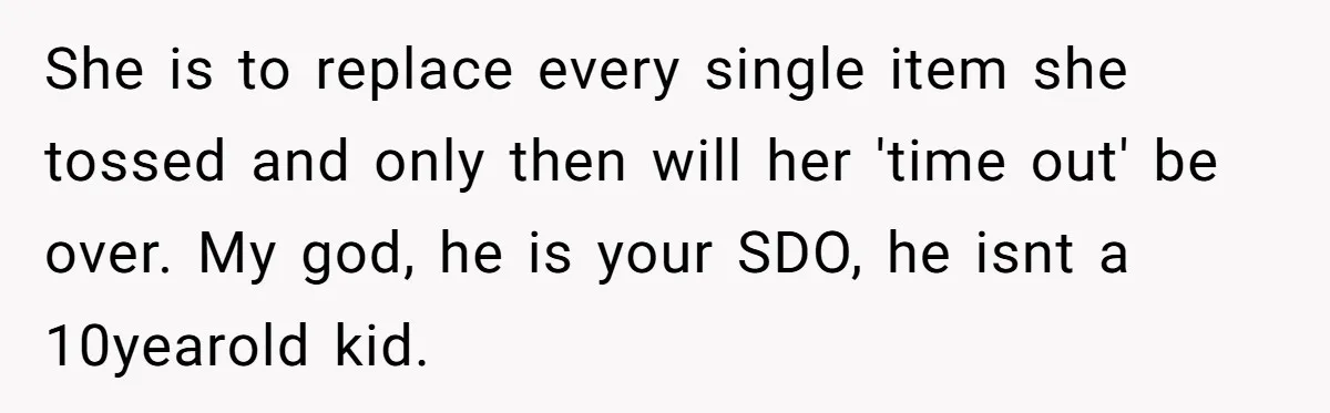 She is to replace every single item she tossed and only then will her 'time out' be over. My god, he is your SDO, he isnt a 10yearold kid.