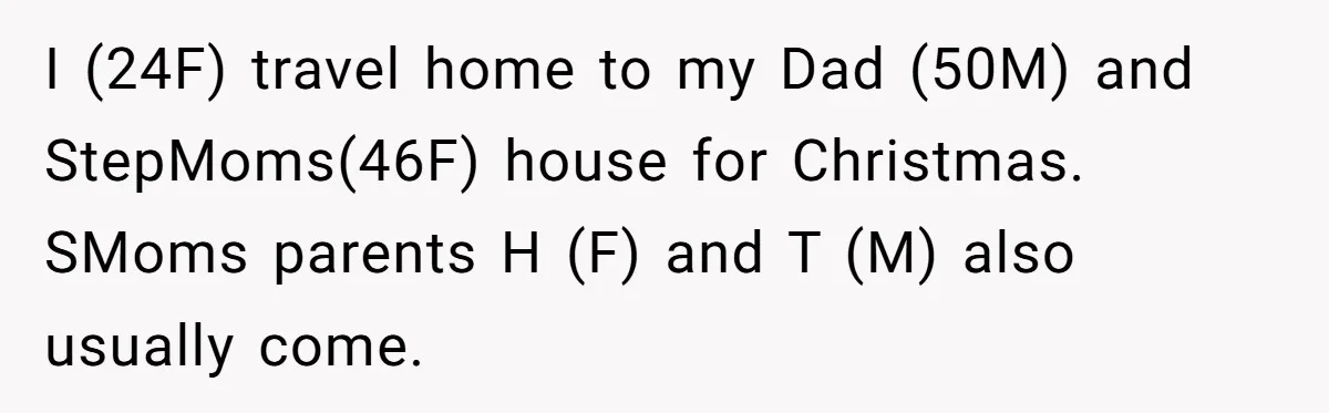 I (24F) travel home to my Dad (50M) and StepMoms(46F) house for Christmas. SMoms parents H (F) and T (M) also usually come.