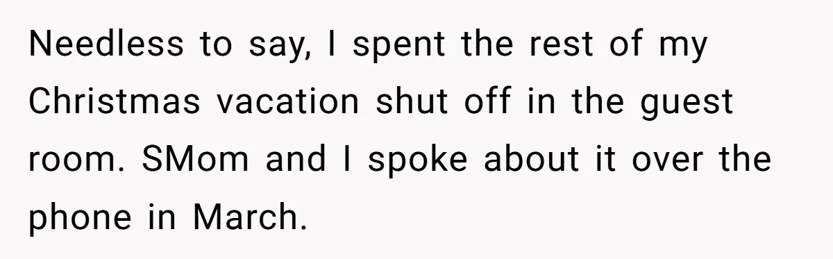 Needless to say, I spent the rest of my Christmas vacation shut off in the guest room. SMom and I spoke about it over the phone in March.