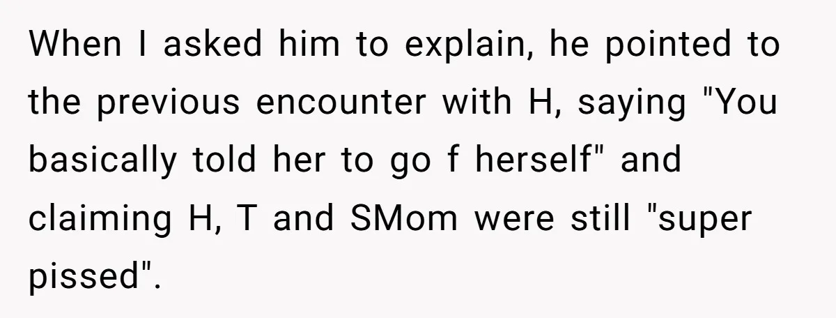 When I asked him to explain, he pointed to the previous encounter with H, saying "You basically told her to go f herself" and claiming H, T and SMom were...