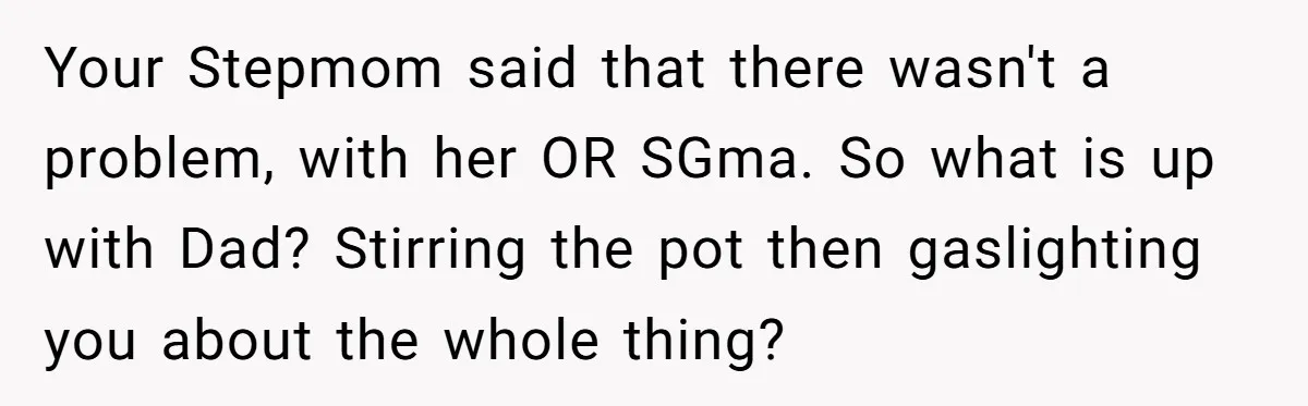 Your Stepmom said that there wasn't a problem, with her OR SGma. So what is up with Dad? Stirring the pot then gaslighting you about the whole thing?